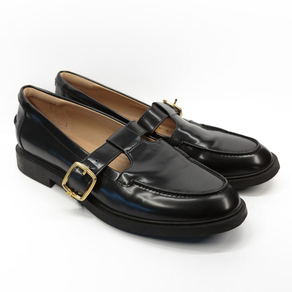 SAM EDELMAN Elaina Mary Jane Chunky T-Strap Loafer Flat Buckle Shiny Black Sz 10